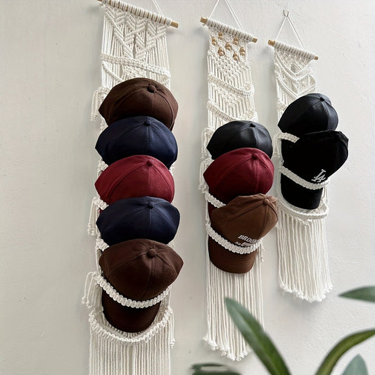 Chic Boho Hat Rack with Macramé Design - 8/6/4 Pocket Wall-Mounted Organizer for Baseball Caps, Duckbill Hats & More - Space-Saving, Visible Storage Solution with Decorative Fringe Detail for Bedroom, Hallway, Dorm, Hat Rack for Wall