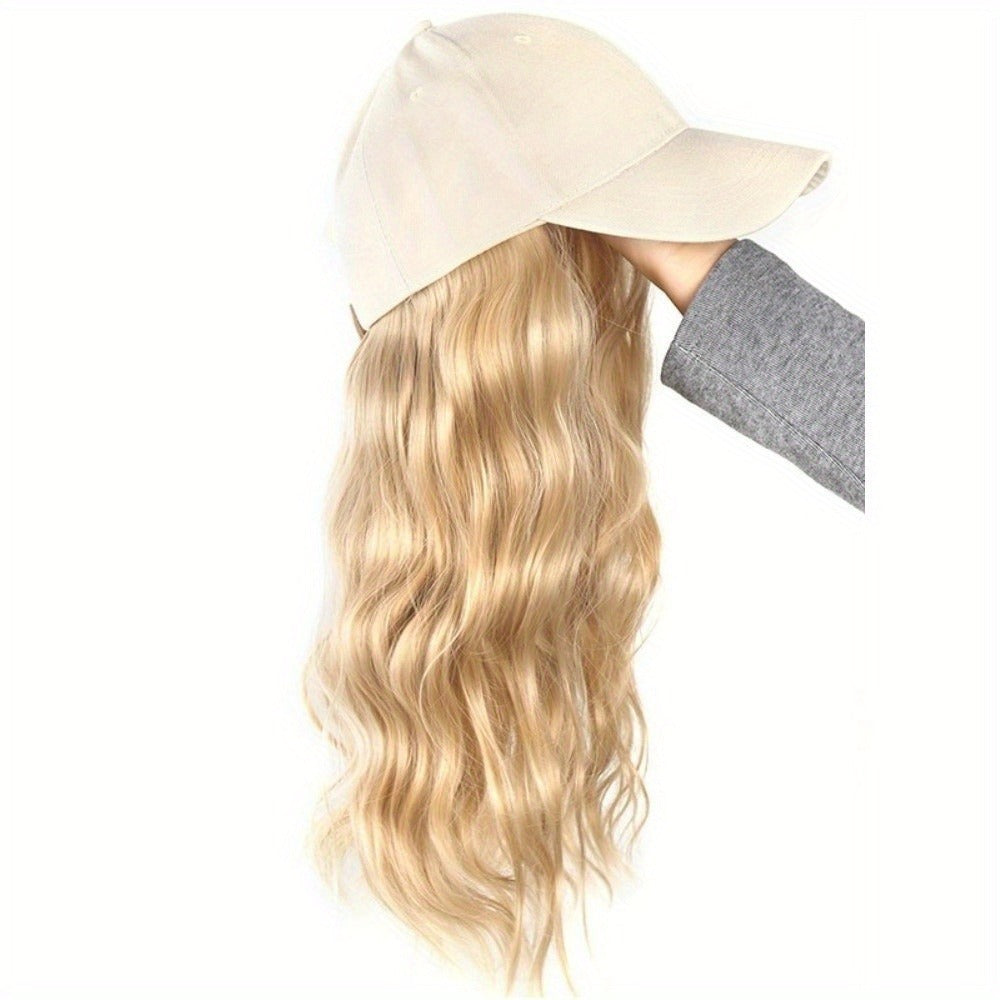 1pc Adjustable Baseball cap wig - Long Wavy Curly Hairpiece with Beige/Blonde-like color, Heat-Resistant Synthetic Fiber, All-in-One Sun Hat for Women - Lightweight for Parties, Photoshoots, Everyday & Travel - Adjustable Strap for Fit, Wig Cap