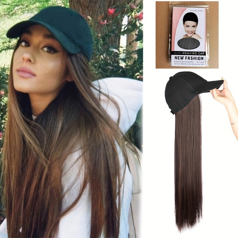 Women'S Elegant Long Straight Synthetic Wig with Adjustable Baseball Cap, High-Temperature Fiber, Comfortable Fit for Daily Casual Wear