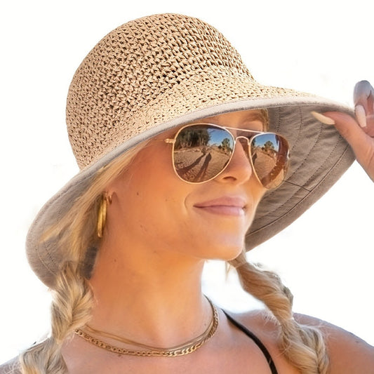 Sun Hats for Women Summer Beach Hat Wide Brim Handmade Straw Hat Foldable Packable Crochet Travel Bucket Hat