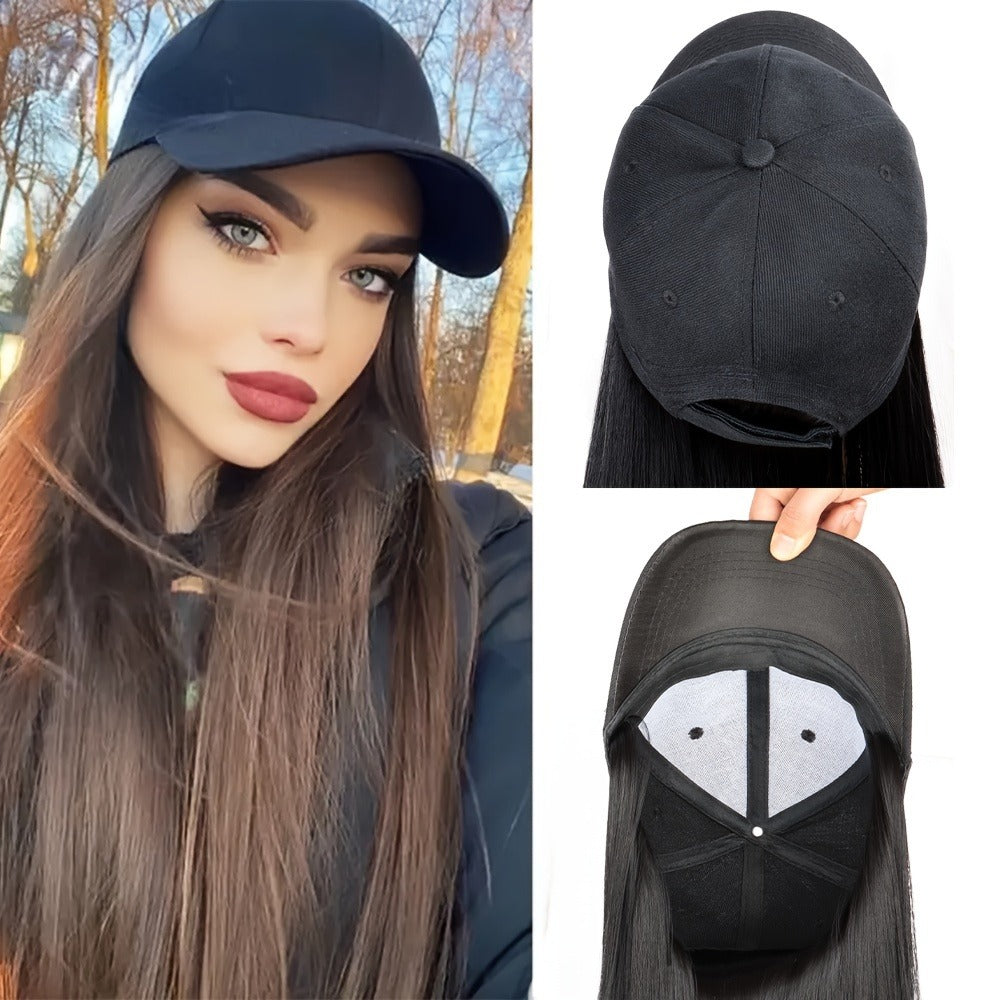 Women'S Elegant Long Straight Synthetic Wig with Adjustable Baseball Cap, High-Temperature Fiber, Comfortable Fit for Daily Casual Wear