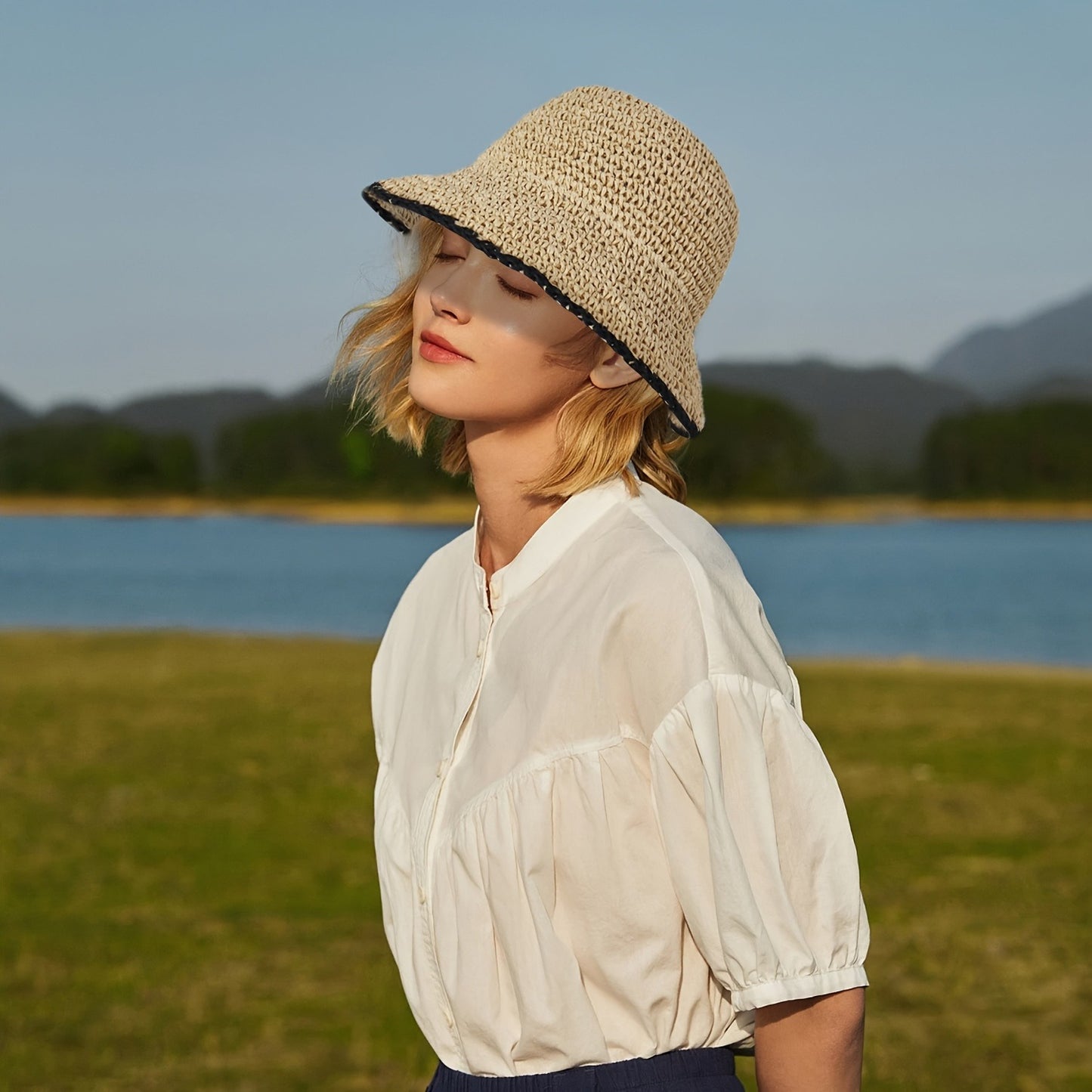 Women's Handmade Crochet Straw Sun Hat - Wide Brim Foldable Beach Hat, Lightweight Breathable Paper Material for Summer Travel, Beach & Outdoor Activities, Hand Wash Only, Beach Accessories, Portable Headwear, Natural Design, Construction