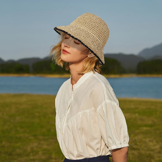 Women's Handmade Crochet Straw Sun Hat - Wide Brim Foldable Beach Hat, Lightweight Breathable Paper Material for Summer Travel, Beach & Outdoor Activities, Hand Wash Only, Beach Accessories, Portable Headwear, Natural Design, Construction