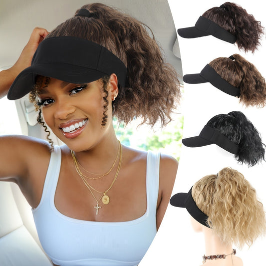 Women's Adjustable Snapback Baseball Cap Wig with Curly Ponytail - High-Temperature Fiber Synthetic Hair, Sporty Sun-Protective Design, 100% Density for Daily Wear & Outdoor Activities