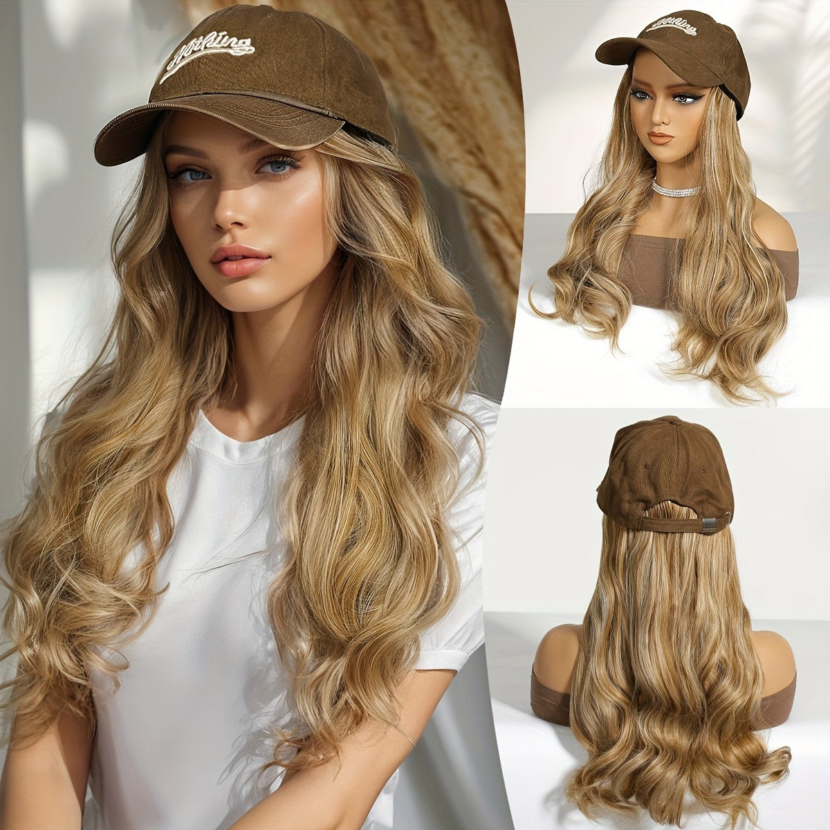 Brown Baseball Cap Plus Wig All In One, 16 Inches Long Wavy Curls Curly Hair. Suitable for Fall And Winter, Easy to Wear And Convenient, Made Of High Temperature High temperature fiber, The Wig Can Be Blown Or Curled, Good Care Of It