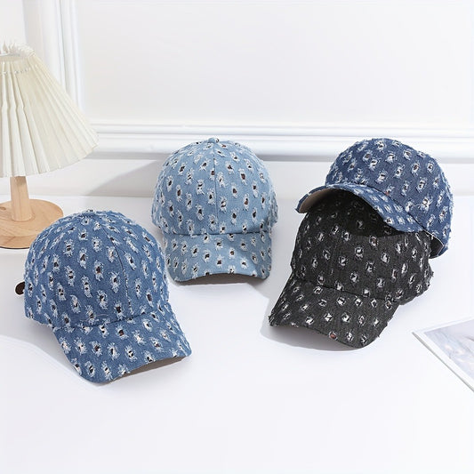 1pc New Denim Washed Baseball Cap With Holes And Old Craftsmanship Duck Tongue Cap For Both Men And Women, Sun Shading And Sun Protection Leopard Print