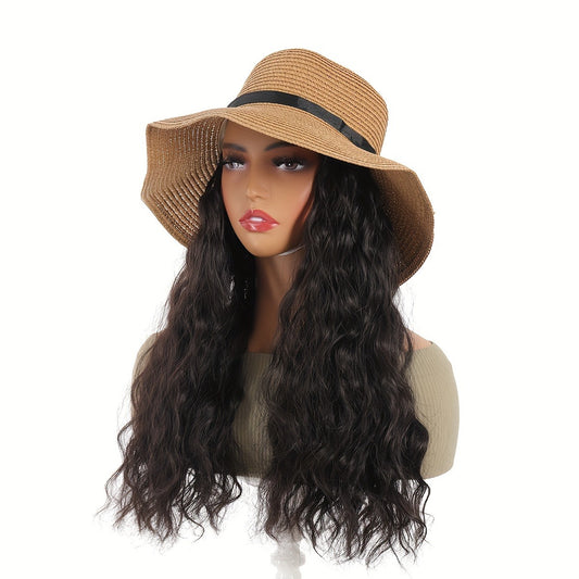 Women's Water Wave Curly Wig with Straw Sun Hat, High Temperature Fiber, Basic Closed Network Cap for All, Versatile Summer Beach Cap with Hair Extension