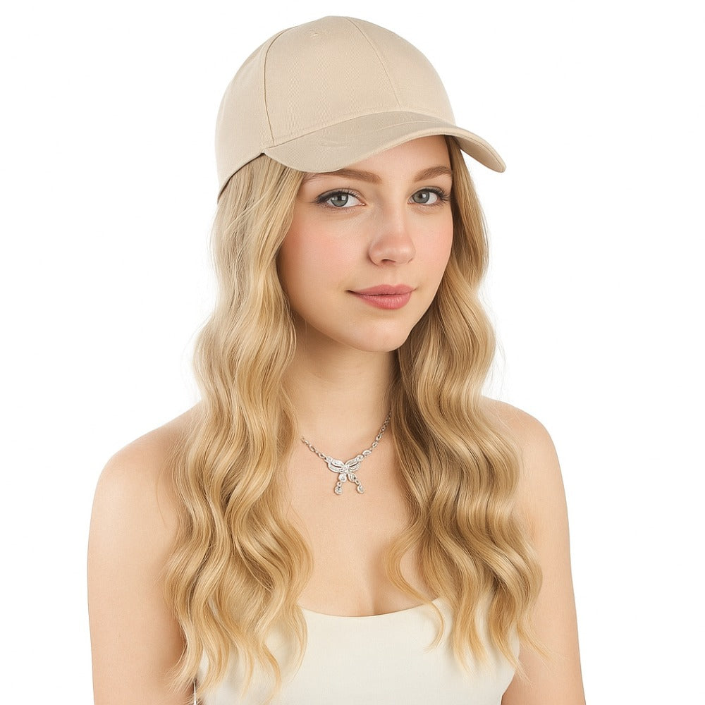 1pc Adjustable Baseball cap wig - Long Wavy Curly Hairpiece with Beige/Blonde-like color, Heat-Resistant Synthetic Fiber, All-in-One Sun Hat for Women - Lightweight for Parties, Photoshoots, Everyday & Travel - Adjustable Strap for Fit, Wig Cap