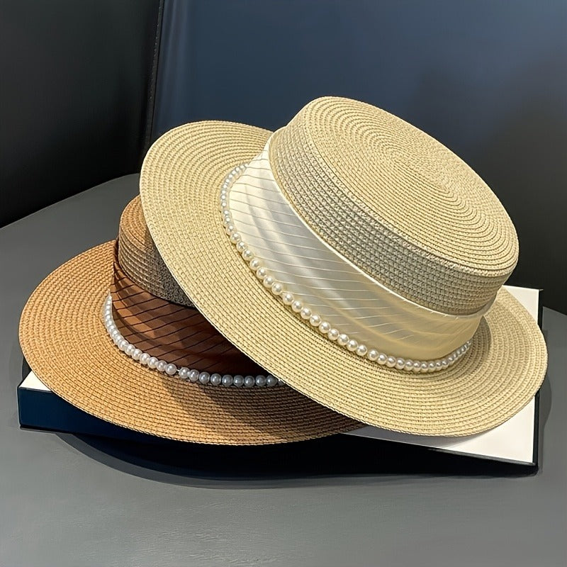 Women's Summer Straw Hat - Wide Brim Foldable Beach Hat with Embellishments, Lightweight Natural Straw Design for Outdoor Vacation & Casual Outings