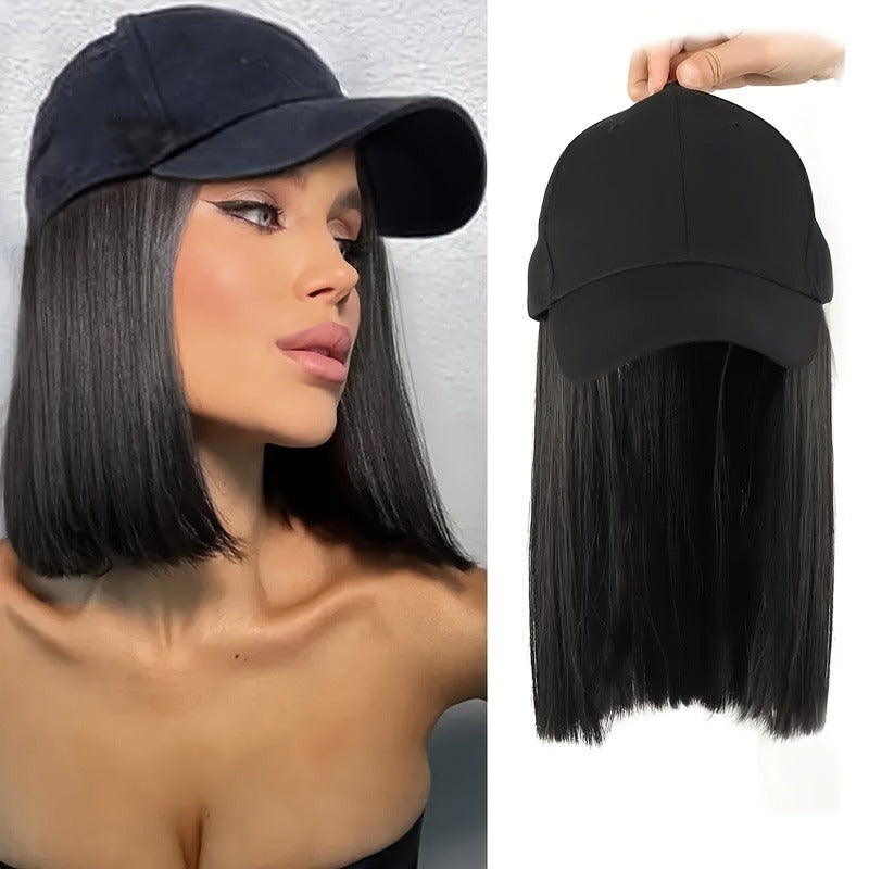 10-Inch Black Baseball Cap Wig with Short Straight Synthetic Hair Extensions - Stylish & Versatile for Women’s Daily Use, High-Temperature Fiber, Perfect for All Ethnicities