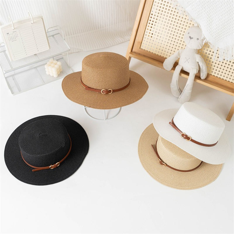 2D Flat, Natural Straw Sun Hat for Women - Wide Brim Beach Hat with Bowknot Closure, Casual Outdoor Summer Hat for Women & s (Black, Beige, White)