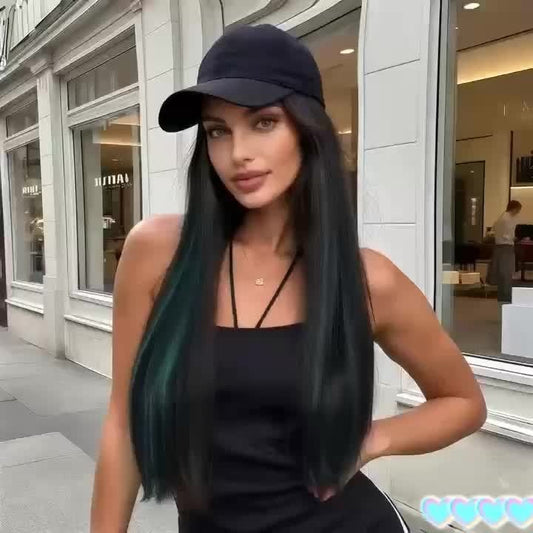 22" Long Straight Synthetic Wig with Baseball Cap - Heat Resistant, Natural Black Hair Extension for Women, Elegant Style, Adds Volume & Length, Perfect for Casual or Formal Occasions, Versatile Hairpiece, Sleek Hairpiece, Heatresistant Fiber