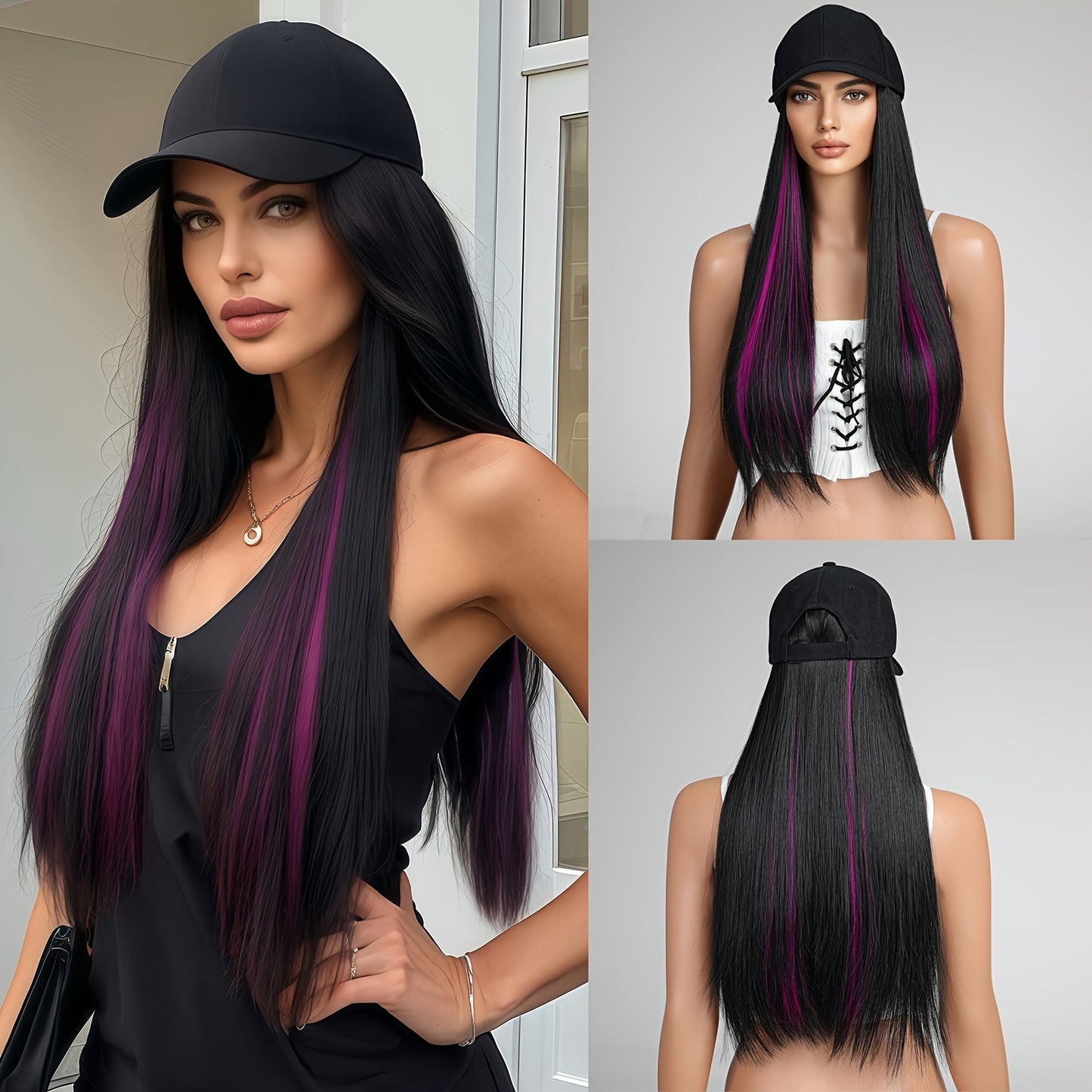 22" Long Straight Synthetic Wig with Baseball Cap - Heat Resistant, Natural Black Hair Extension for Women, Elegant Style, Adds Volume & Length, Perfect for Casual or Formal Occasions, Versatile Hairpiece, Sleek Hairpiece, Heatresistant Fiber
