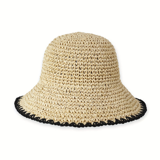 Women's Handmade Crochet Straw Sun Hat - Wide Brim Foldable Beach Hat, Lightweight Breathable Paper Material for Summer Travel, Beach & Outdoor Activities, Hand Wash Only, Beach Accessories, Portable Headwear, Natural Design, Construction