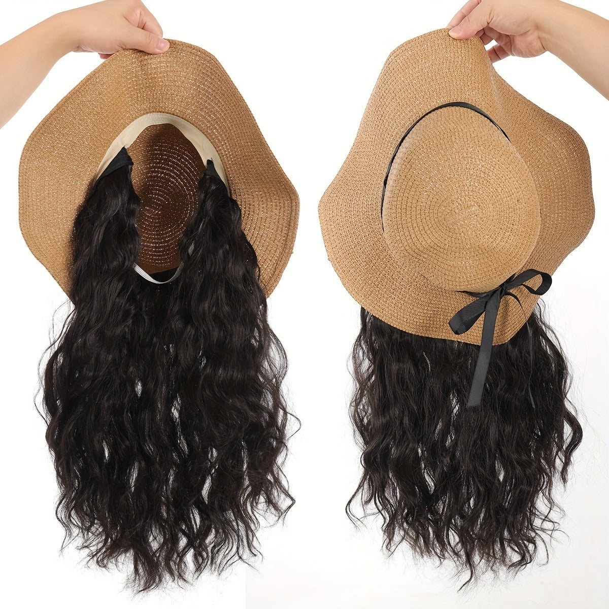 Women's Water Wave Curly Wig with Straw Sun Hat, High Temperature Fiber, Basic Closed Network Cap for All, Versatile Summer Beach Cap with Hair Extension