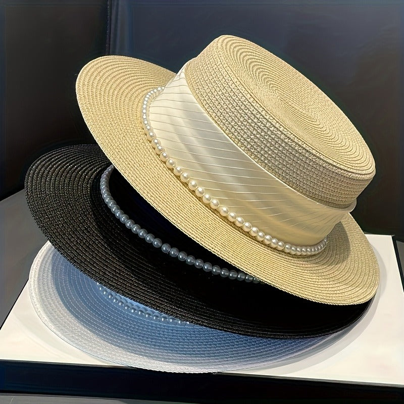 Women's Summer Straw Hat - Wide Brim Foldable Beach Hat with Embellishments, Lightweight Natural Straw Design for Outdoor Vacation & Casual Outings