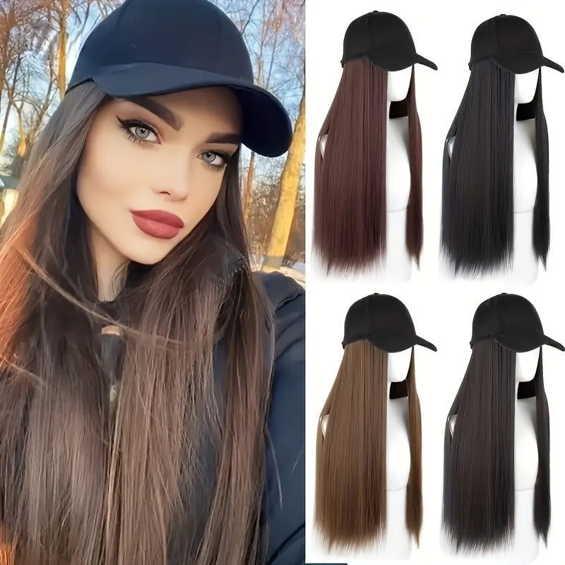 Women'S Elegant Long Straight Synthetic Wig with Adjustable Baseball Cap, High-Temperature Fiber, Comfortable Fit for Daily Casual Wear
