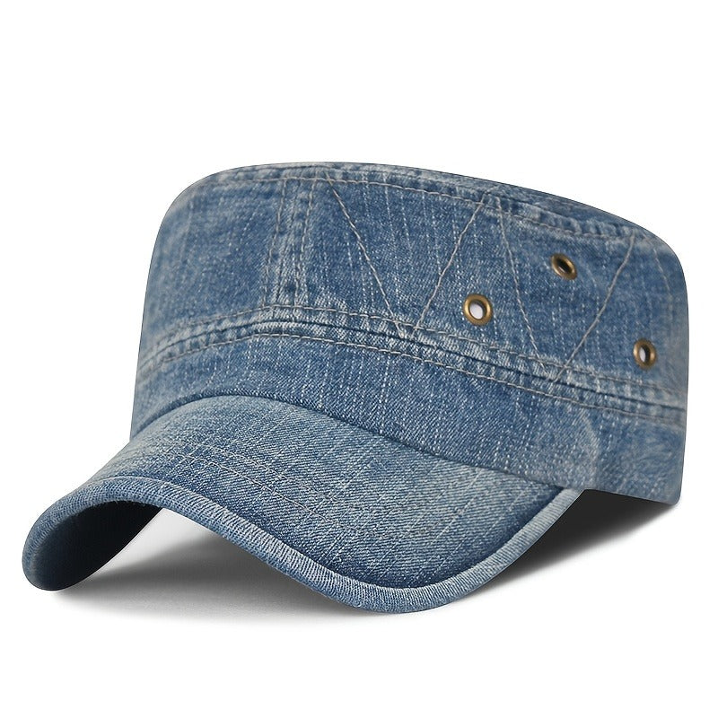 Breathable Vintage Washed Denim Adjustable Baseball Hat, Flat Top Design Peaked Casual Outdoor Sun Cap