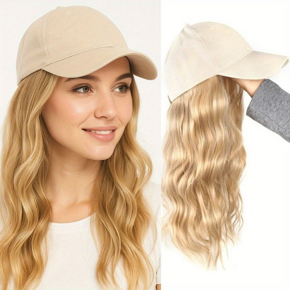 1pc Adjustable Baseball cap wig - Long Wavy Curly Hairpiece with Beige/Blonde-like color, Heat-Resistant Synthetic Fiber, All-in-One Sun Hat for Women - Lightweight for Parties, Photoshoots, Everyday & Travel - Adjustable Strap for Fit, Wig Cap