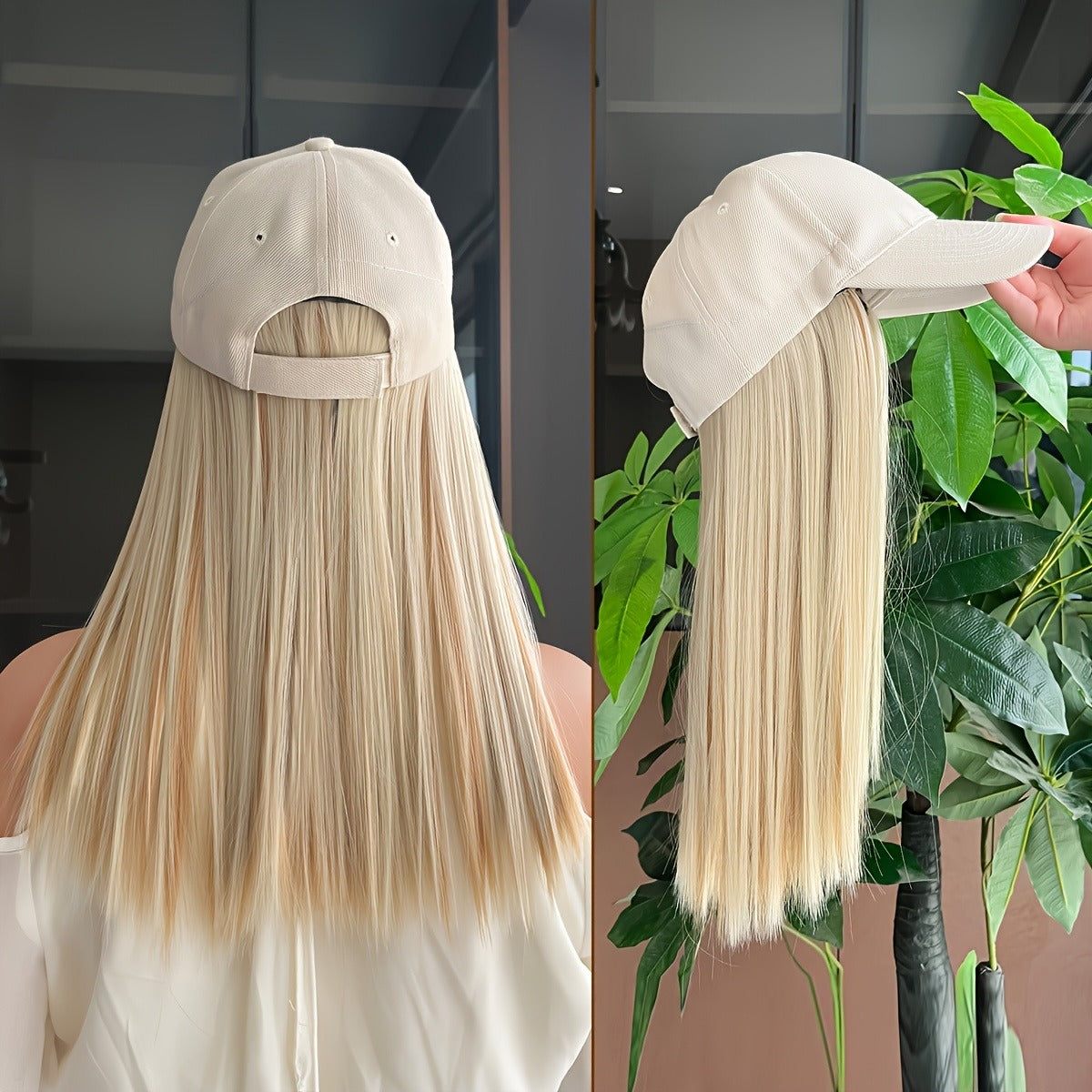 Women's One-Piece Hat Wig - Baseball Cap with Long Straight Blonde-like Hair, Beige/White Two-Tone