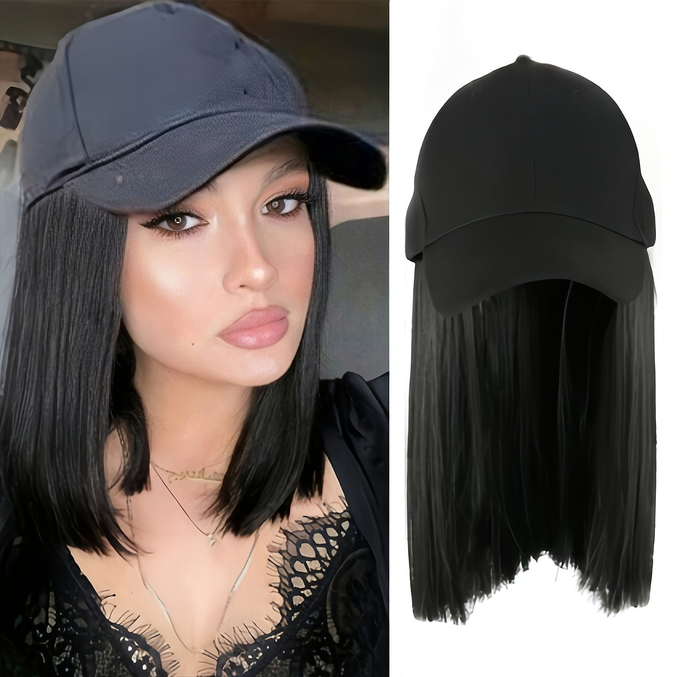 10-Inch Black Baseball Cap Wig with Short Straight Synthetic Hair Extensions - Stylish & Versatile for Women’s Daily Use, High-Temperature Fiber, Perfect for All Ethnicities