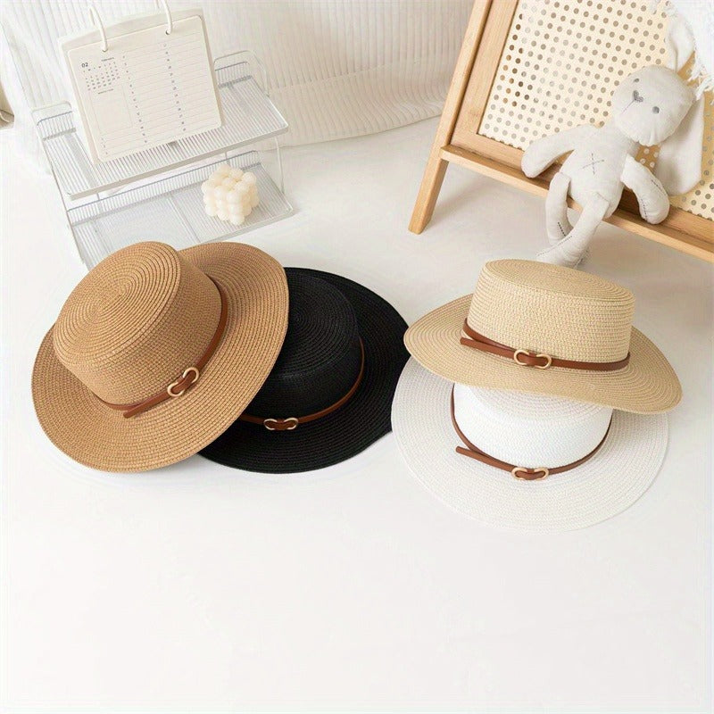 2D Flat, Natural Straw Sun Hat for Women - Wide Brim Beach Hat with Bowknot Closure, Casual Outdoor Summer Hat for Women & s (Black, Beige, White)