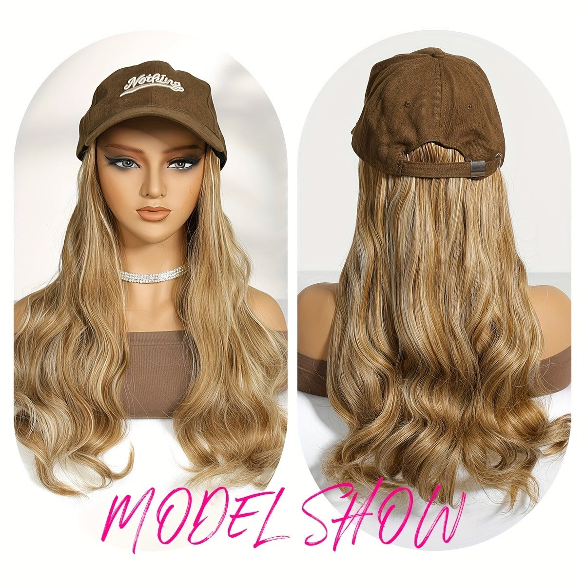 Brown Baseball Cap Plus Wig All In One, 16 Inches Long Wavy Curls Curly Hair. Suitable for Fall And Winter, Easy to Wear And Convenient, Made Of High Temperature High temperature fiber, The Wig Can Be Blown Or Curled, Good Care Of It