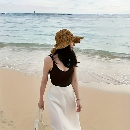 Boho Ruffle Crochet Sun Hats Vintage Solid Color Rope Bowknot Straw Hats Foldable Travel Beach Hats For Women Daily Uses Summer Outdoor, Beach Sun Protection | Vintage Straw Hat | Straw Construction, Perfect For Thanksgiving