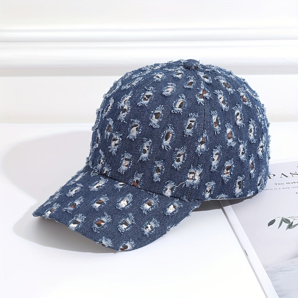 1pc New Denim Washed Baseball Cap With Holes And Old Craftsmanship Duck Tongue Cap For Both Men And Women, Sun Shading And Sun Protection Leopard Print