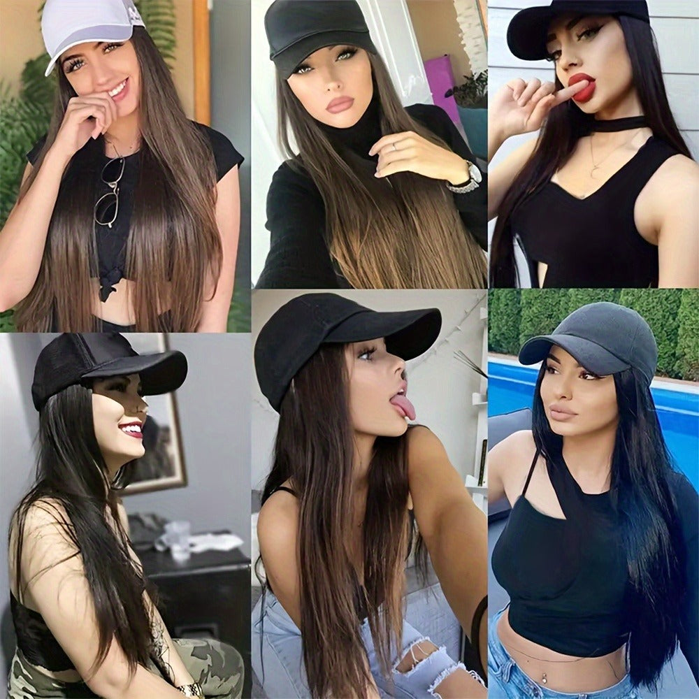 Women'S Elegant Long Straight Synthetic Wig with Adjustable Baseball Cap, High-Temperature Fiber, Comfortable Fit for Daily Casual Wear