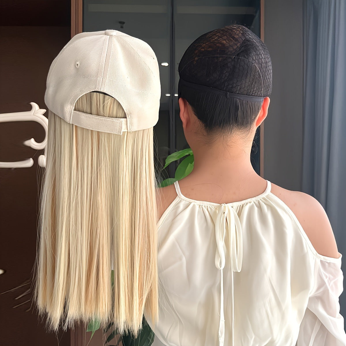 Women's One-Piece Hat Wig - Baseball Cap with Long Straight Blonde-like Hair, Beige/White Two-Tone