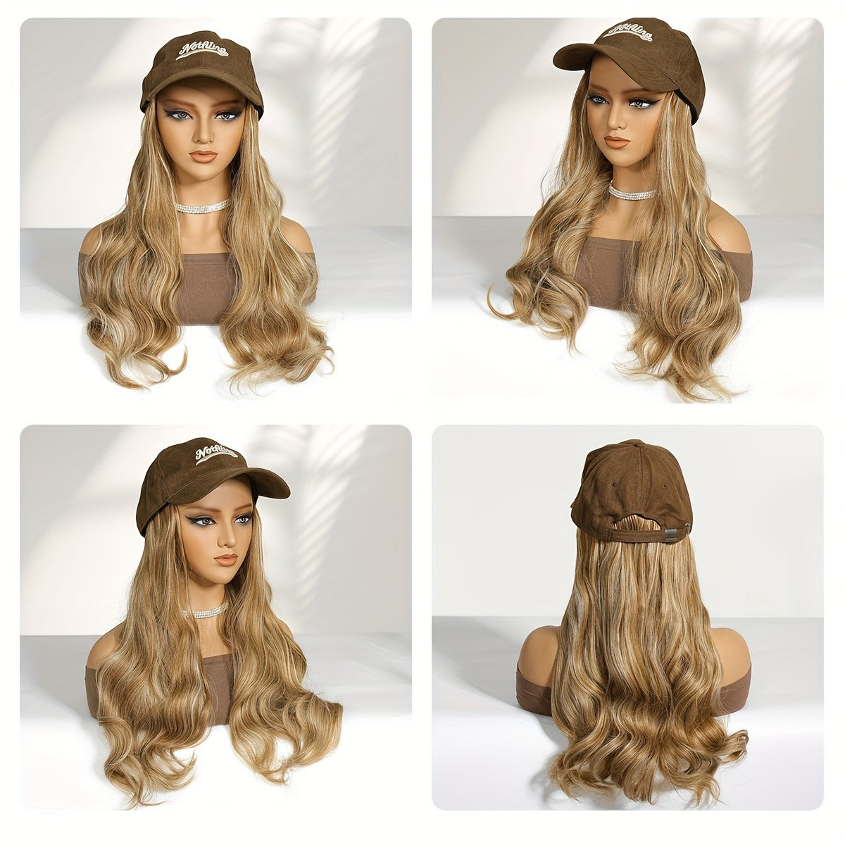 Brown Baseball Cap Plus Wig All In One, 16 Inches Long Wavy Curls Curly Hair. Suitable for Fall And Winter, Easy to Wear And Convenient, Made Of High Temperature High temperature fiber, The Wig Can Be Blown Or Curled, Good Care Of It