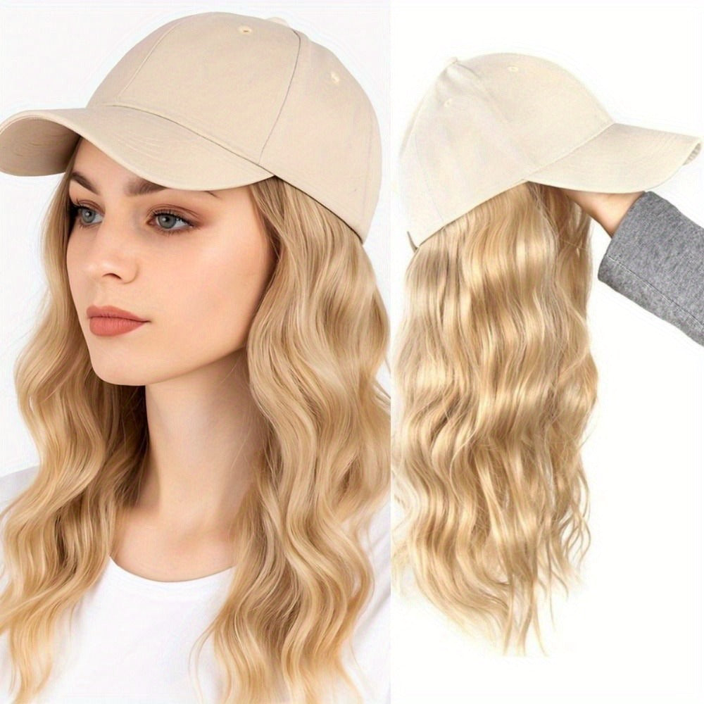 1pc Adjustable Baseball cap wig - Long Wavy Curly Hairpiece with Beige/Blonde-like color, Heat-Resistant Synthetic Fiber, All-in-One Sun Hat for Women - Lightweight for Parties, Photoshoots, Everyday & Travel - Adjustable Strap for Fit, Wig Cap