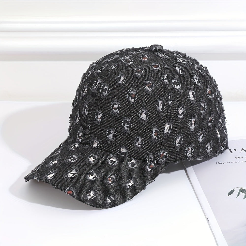 1pc New Denim Washed Baseball Cap With Holes And Old Craftsmanship Duck Tongue Cap For Both Men And Women, Sun Shading And Sun Protection Leopard Print