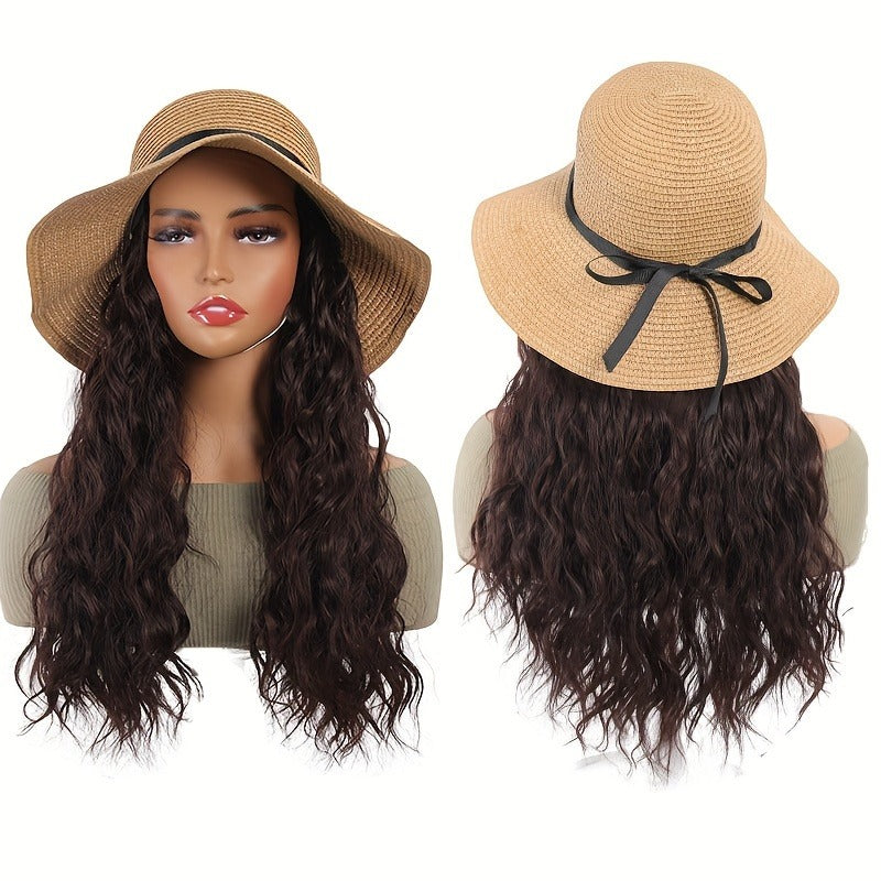 Women's Water Wave Curly Wig with Straw Sun Hat, High Temperature Fiber, Basic Closed Network Cap for All, Versatile Summer Beach Cap with Hair Extension