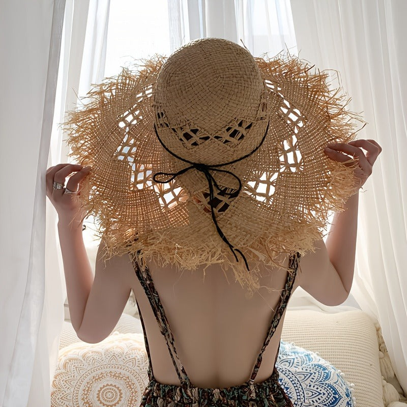 Summer Sun Protection Large Brim Straw Hat, Travel Beach Hat Raffia Straw Hat, Summer Vacation Beach Sun Protection Sun Hat, Hollow Design Holiday Style Straw Hat