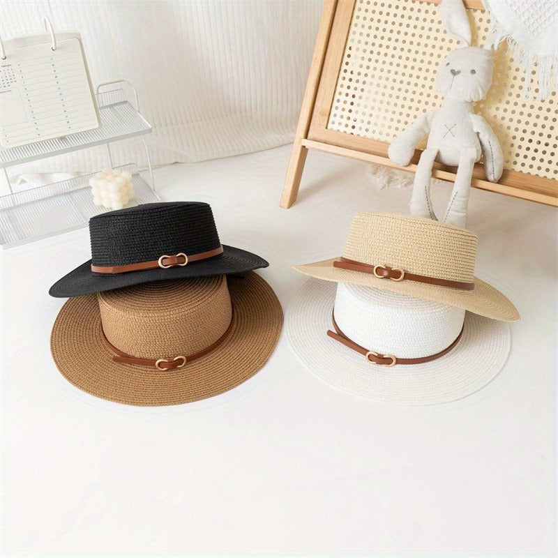 2D Flat, Natural Straw Sun Hat for Women - Wide Brim Beach Hat with Bowknot Closure, Casual Outdoor Summer Hat for Women & s (Black, Beige, White)