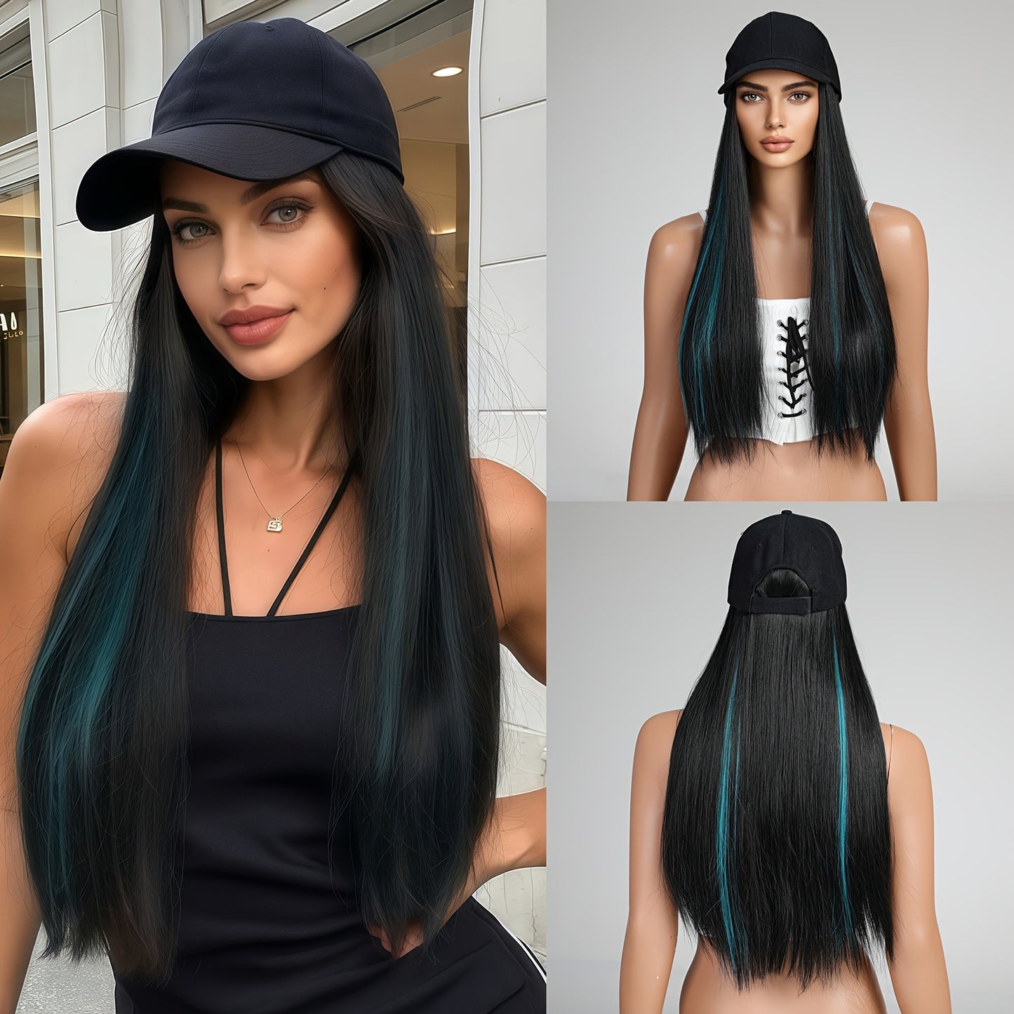 22" Long Straight Synthetic Wig with Baseball Cap - Heat Resistant, Natural Black Hair Extension for Women, Elegant Style, Adds Volume & Length, Perfect for Casual or Formal Occasions, Versatile Hairpiece, Sleek Hairpiece, Heatresistant Fiber