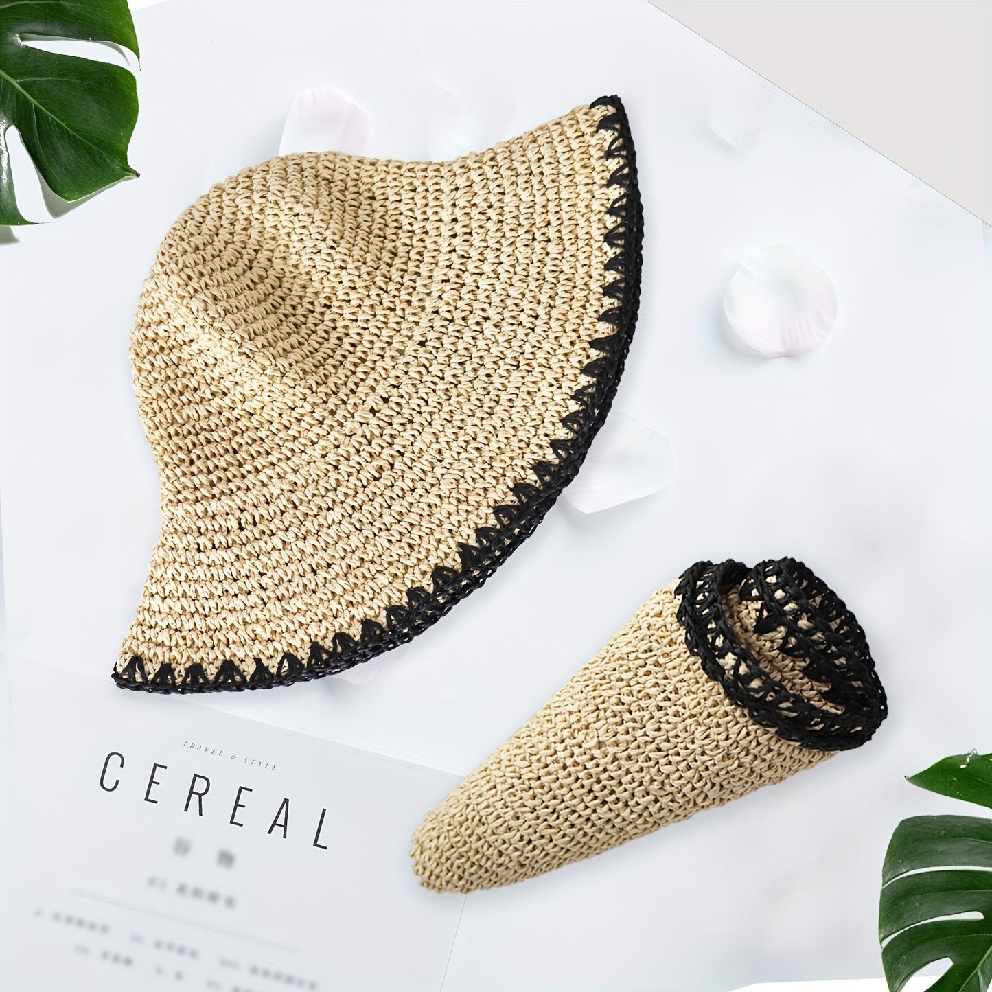 Women's Handmade Crochet Straw Sun Hat - Wide Brim Foldable Beach Hat, Lightweight Breathable Paper Material for Summer Travel, Beach & Outdoor Activities, Hand Wash Only, Beach Accessories, Portable Headwear, Natural Design, Construction