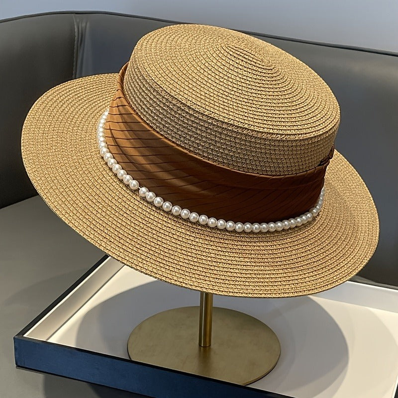 Women's Summer Straw Hat - Wide Brim Foldable Beach Hat with Embellishments, Lightweight Natural Straw Design for Outdoor Vacation & Casual Outings