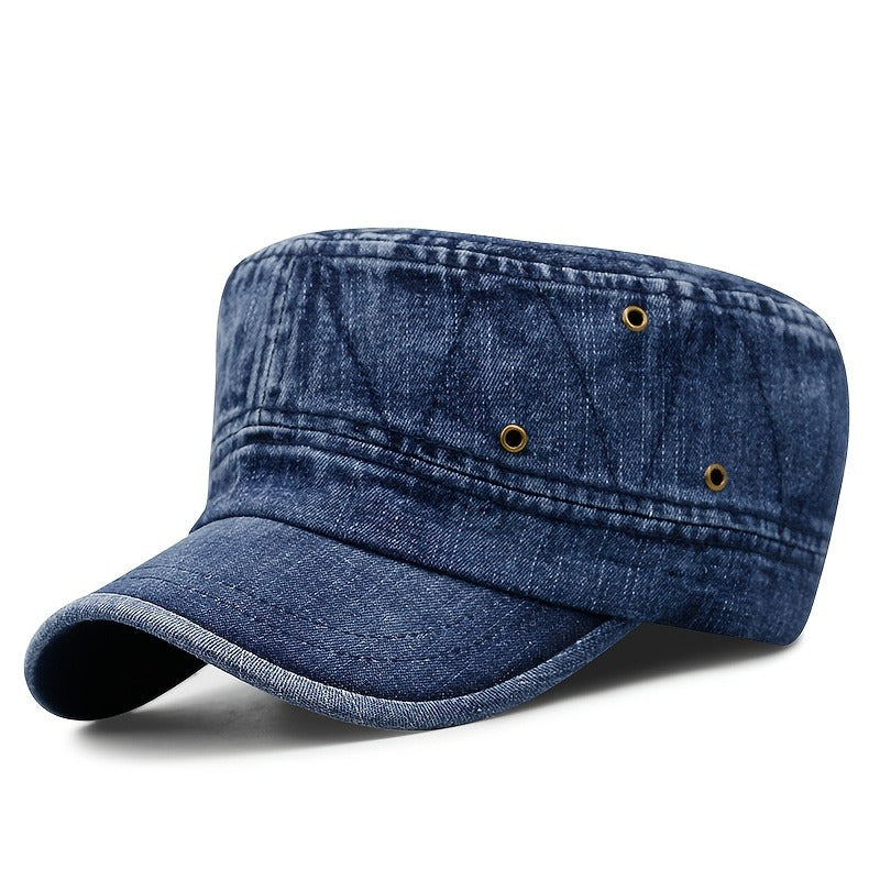 Breathable Vintage Washed Denim Adjustable Baseball Hat, Flat Top Design Peaked Casual Outdoor Sun Cap