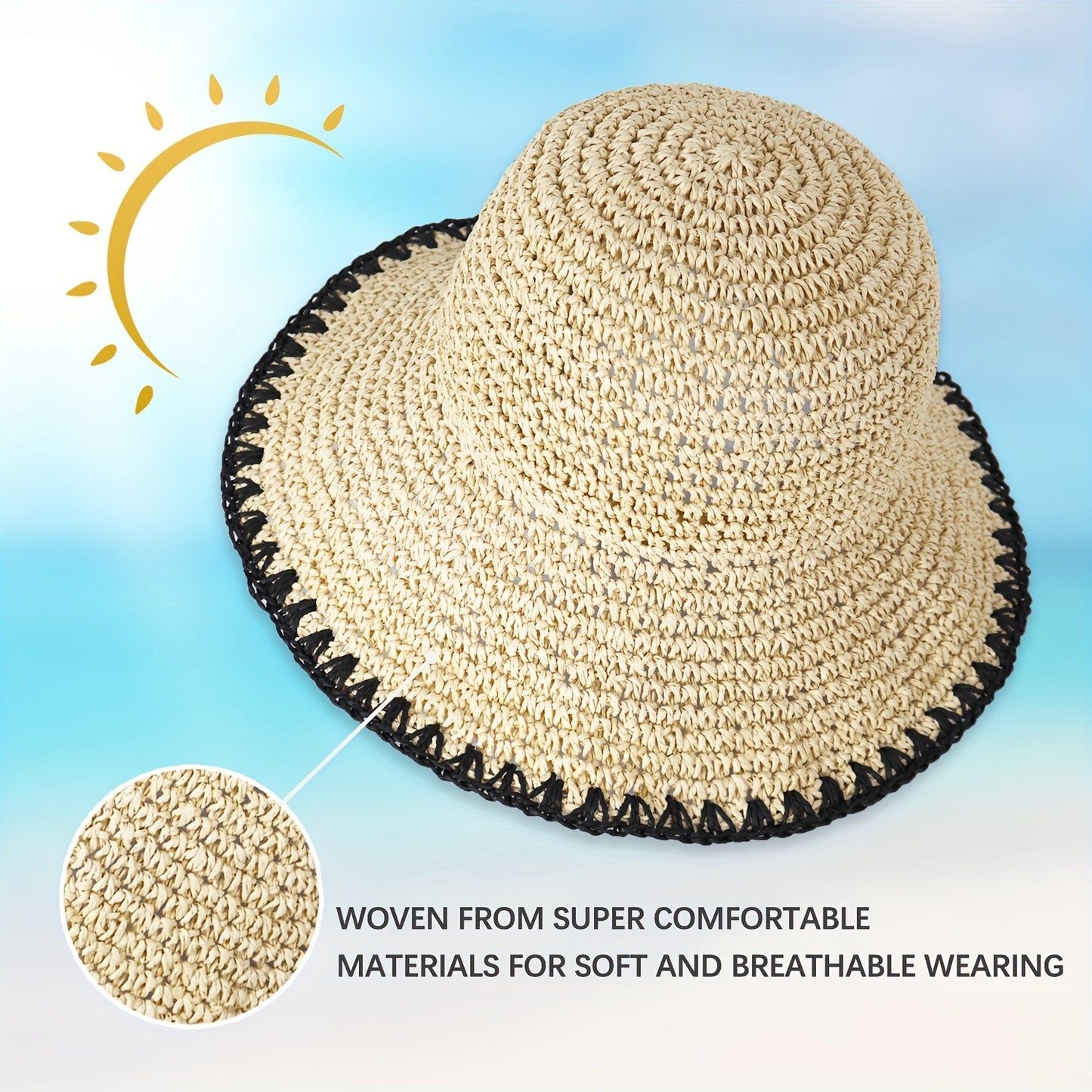 Women's Handmade Crochet Straw Sun Hat - Wide Brim Foldable Beach Hat, Lightweight Breathable Paper Material for Summer Travel, Beach & Outdoor Activities, Hand Wash Only, Beach Accessories, Portable Headwear, Natural Design, Construction
