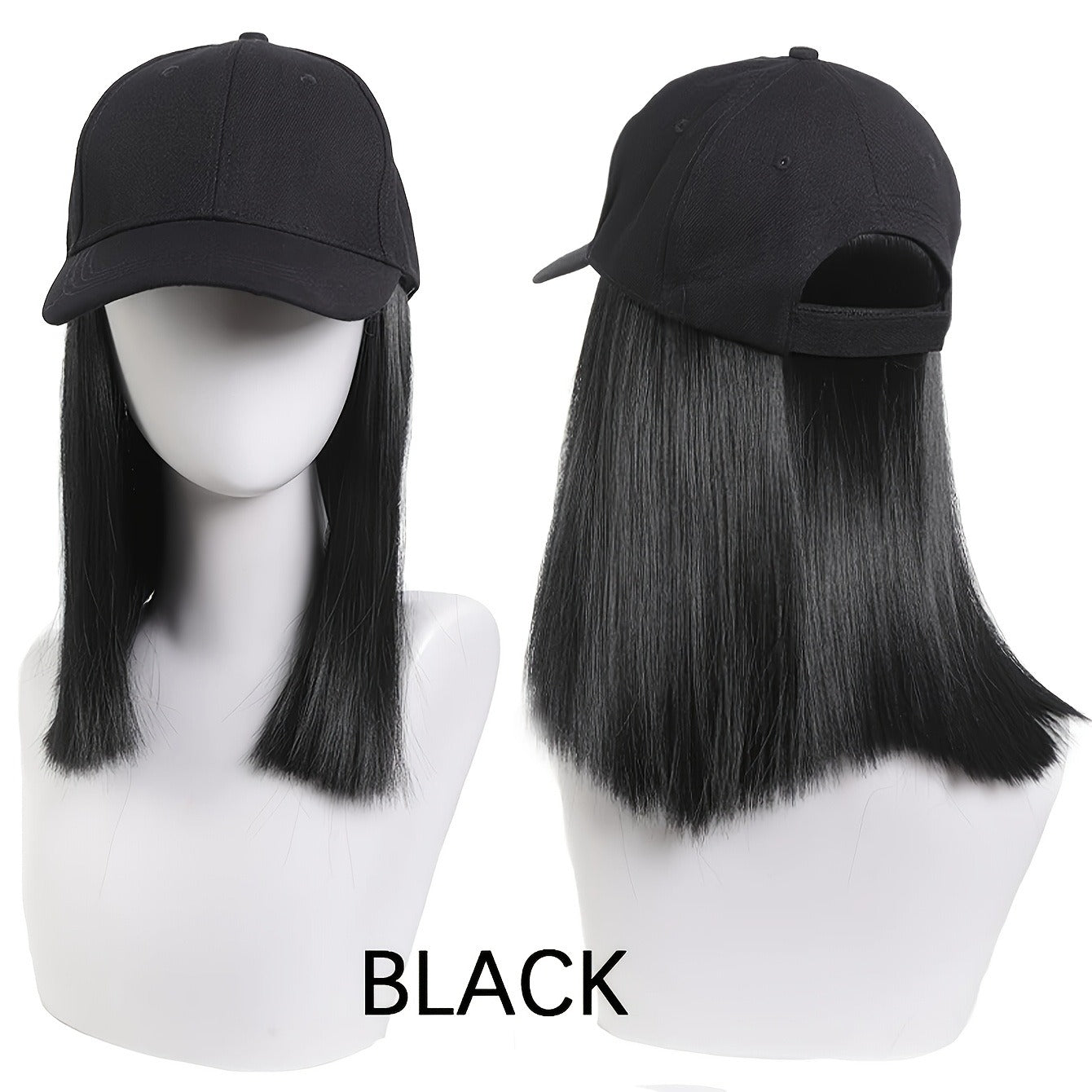 10-Inch Black Baseball Cap Wig with Short Straight Synthetic Hair Extensions - Stylish & Versatile for Women’s Daily Use, High-Temperature Fiber, Perfect for All Ethnicities