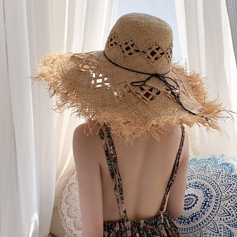 Summer Sun Protection Large Brim Straw Hat, Travel Beach Hat Raffia Straw Hat, Summer Vacation Beach Sun Protection Sun Hat, Hollow Design Holiday Style Straw Hat
