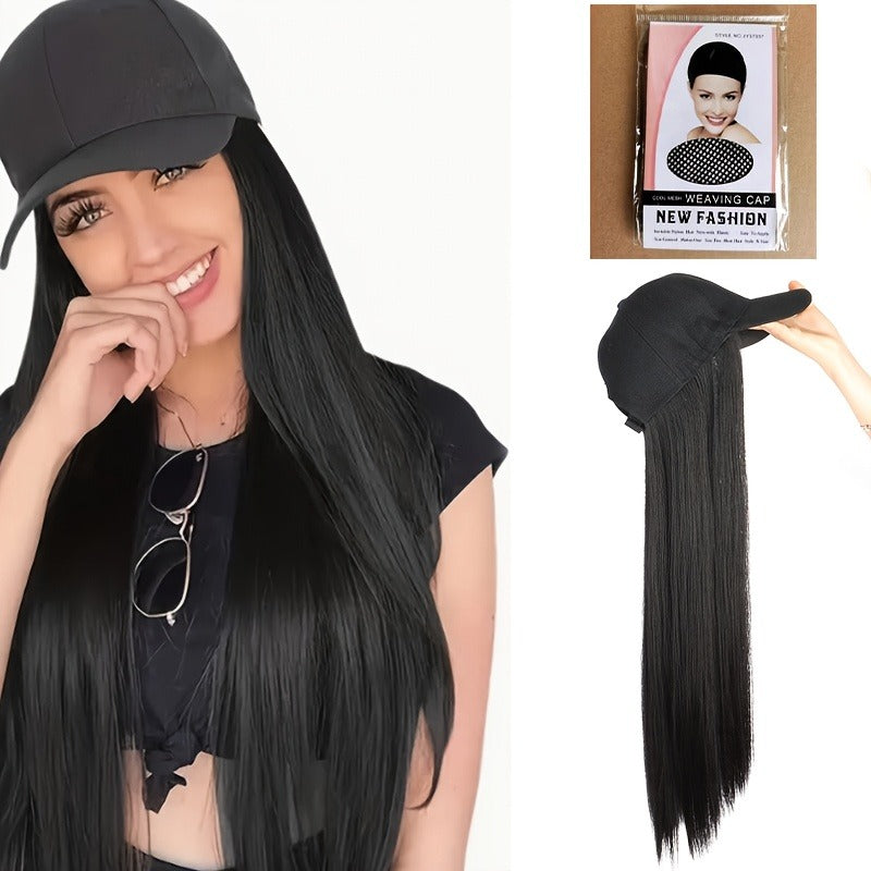 Women'S Elegant Long Straight Synthetic Wig with Adjustable Baseball Cap, High-Temperature Fiber, Comfortable Fit for Daily Casual Wear