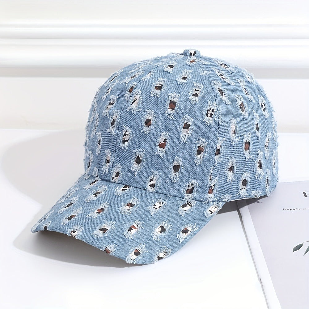 1pc New Denim Washed Baseball Cap With Holes And Old Craftsmanship Duck Tongue Cap For Both Men And Women, Sun Shading And Sun Protection Leopard Print