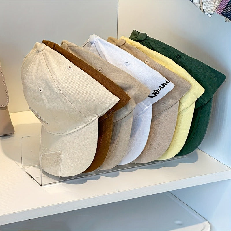 A Hat Storage Rack, a Display Stand for Hats, Suitable for Desktop Organization, Bedroom Storage, Made of Acrylic Plastic, Can Hold Seven Hats, Transparent.