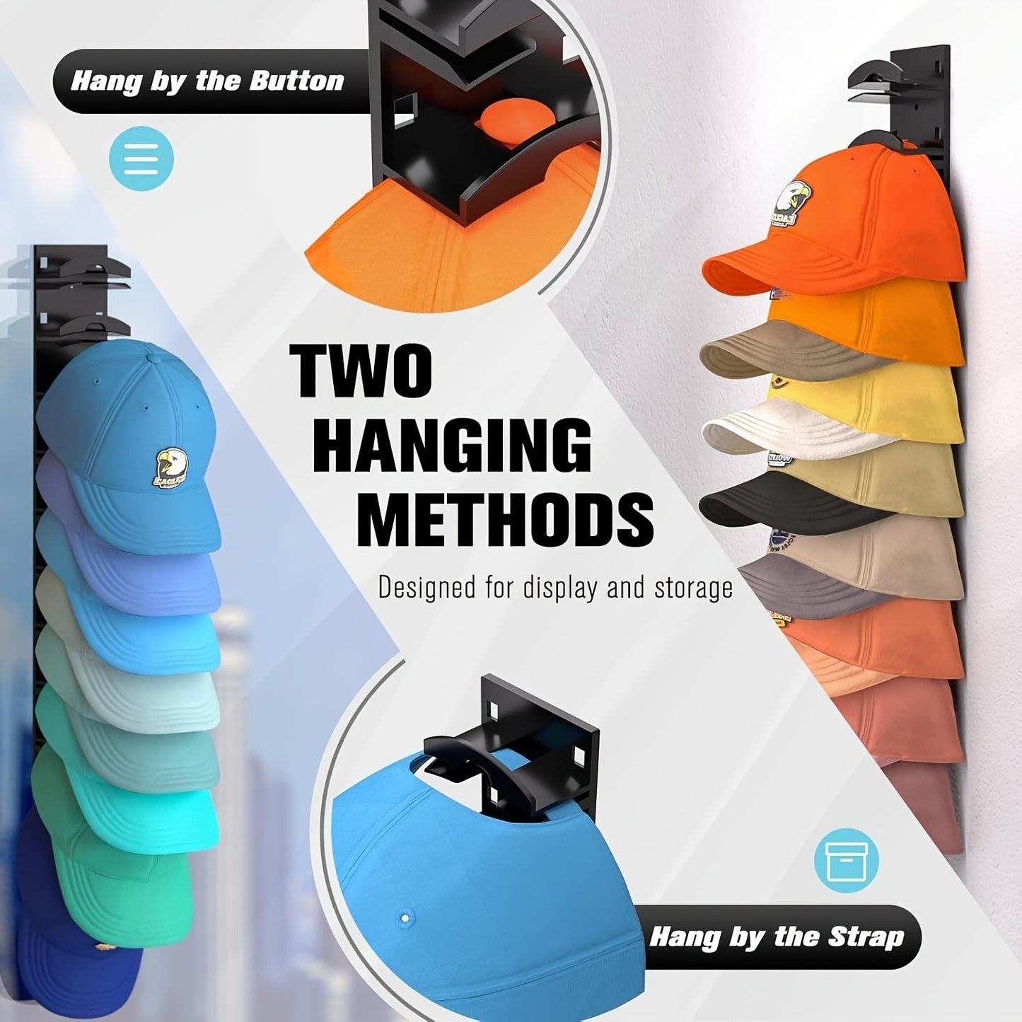 Wall-Mounted Baseball Cap Organizer, Suitable for Closets and Doors Durable Adhesive Hat Rack, Black Plastic Storage Solution with Multiple Compartments for Easy Hat Organization, Hat Hanger