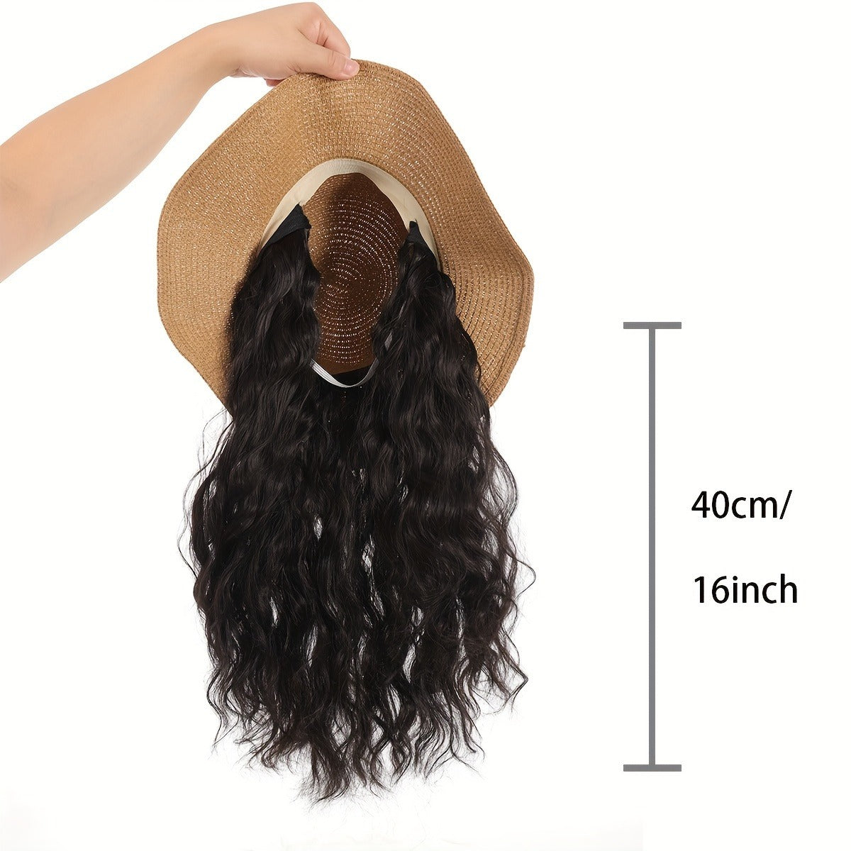 Women's Water Wave Curly Wig with Straw Sun Hat, High Temperature Fiber, Basic Closed Network Cap for All, Versatile Summer Beach Cap with Hair Extension