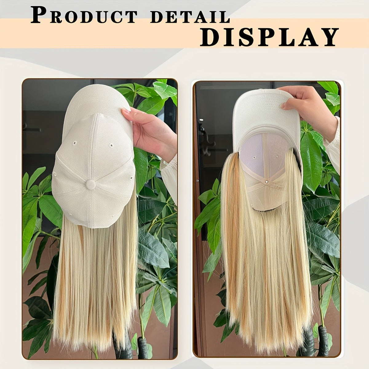 Women's One-Piece Hat Wig - Baseball Cap with Long Straight Blonde-like Hair, Beige/White Two-Tone